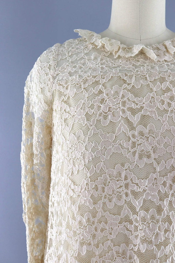 Vintage 1960s Ivory Lace Dress-ThisBlueBird