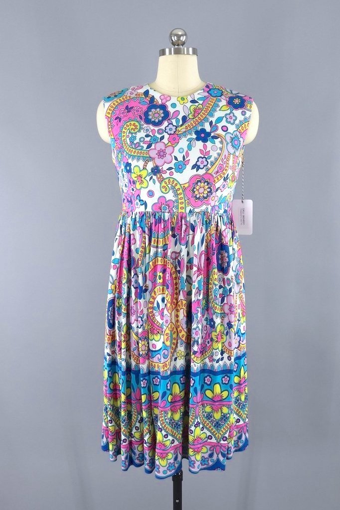 1960s Vintage Sundress / Mod Pink Floral Print-ThisBlueBird