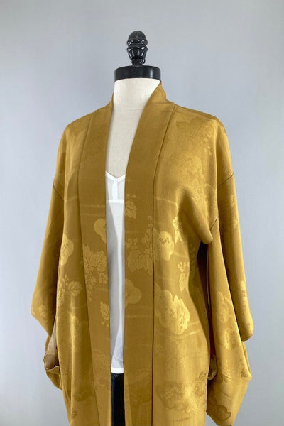 Vintage Mustard Gold Silk Kimono Cardigan-ThisBlueBird