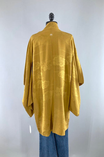 Vintage Mustard Gold Silk Kimono Cardigan-ThisBlueBird
