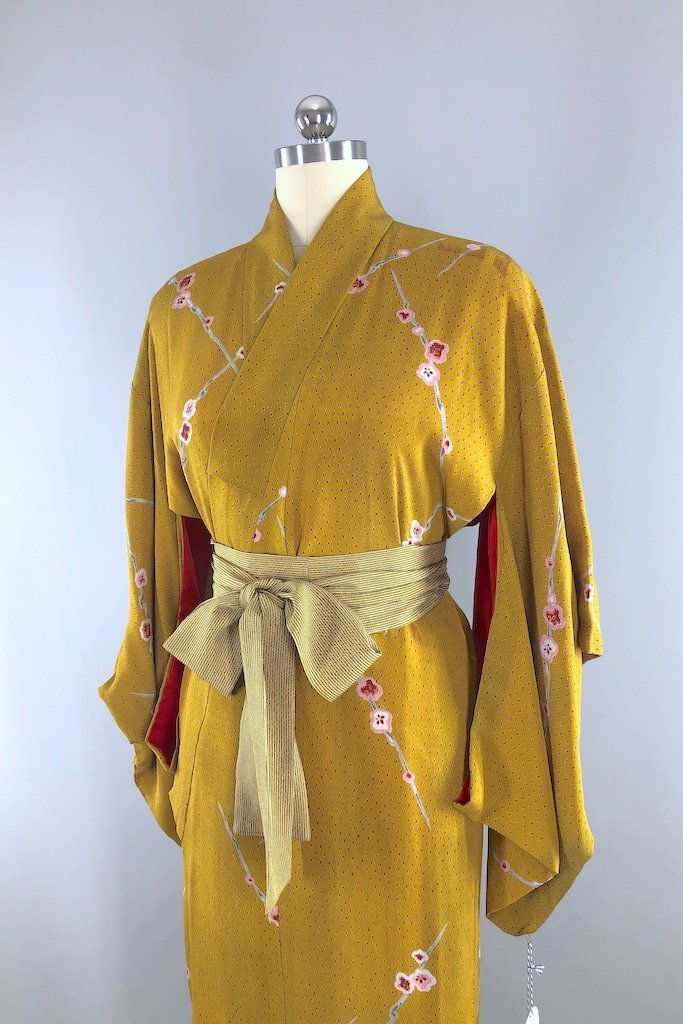 Vintage Mustard Gold Silk Kimono Robe-ThisBlueBird - Modern Vintage