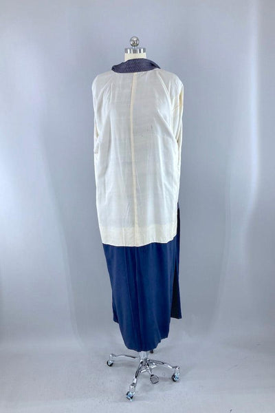 Vintage Navy Blue Basketweave Silk Kimono-ThisBlueBird