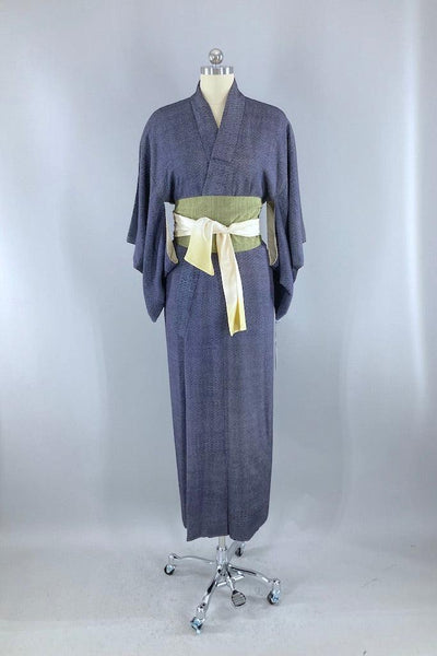 Vintage Navy Blue Basketweave Silk Kimono-ThisBlueBird
