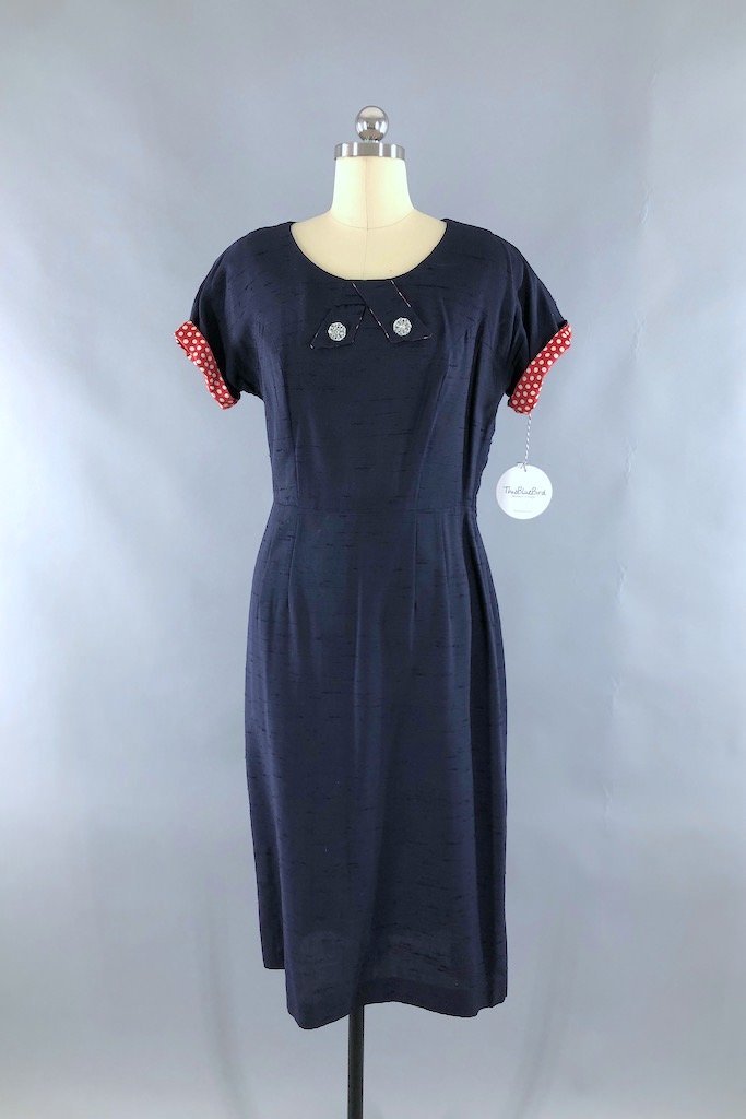 Vintage 1950s Navy Blue Day Dress-ThisBlueBird - Modern Vintage