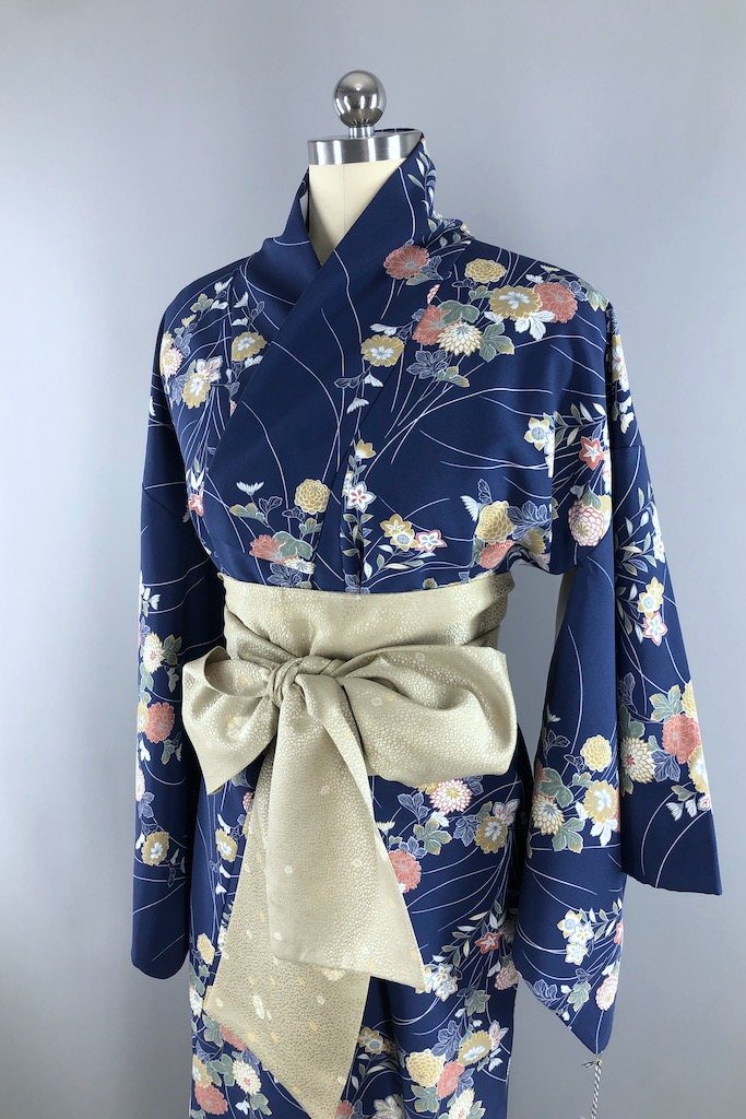 Vintage Navy Blue Floral Kimono Robe-ThisBlueBird - Modern Vintage