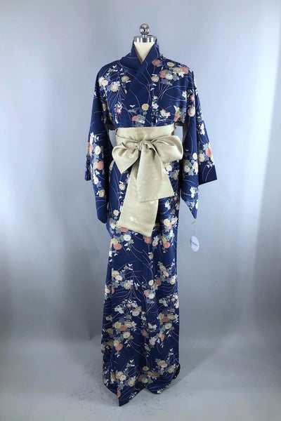 Vintage Navy Blue Floral Kimono Robe-ThisBlueBird - Modern Vintage