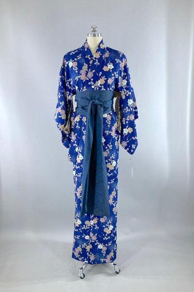 Vintage Navy Blue Floral Print Kimono Robe-ThisBlueBird