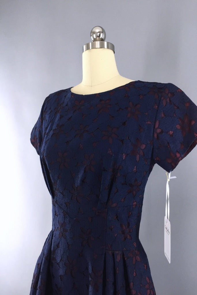 Vintage 1940s-1950s Cocktail Dress / Navy Blue Lace Peplum - ThisBlueBird