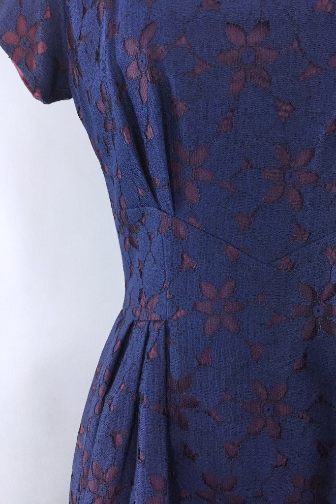 Vintage 1940s-1950s Cocktail Dress / Navy Blue Lace Peplum - ThisBlueBird