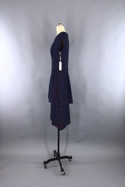 Vintage 1940s-1950s Cocktail Dress / Navy Blue Lace Peplum - ThisBlueBird