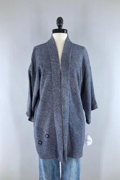 Vintage Navy Blue Shibori Silk Kimono Cardigan-ThisBlueBird