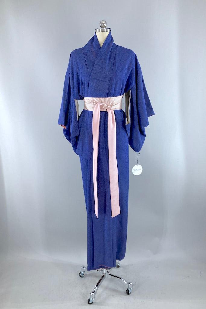 Vintage Navy Blue Tiny Dots Kimono Robe-ThisBlueBird