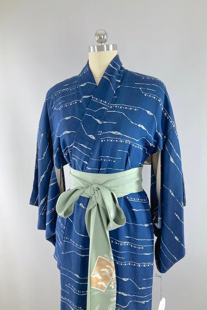 Vintage Navy Blue Watercolor Batik Kimono Robe-ThisBlueBird