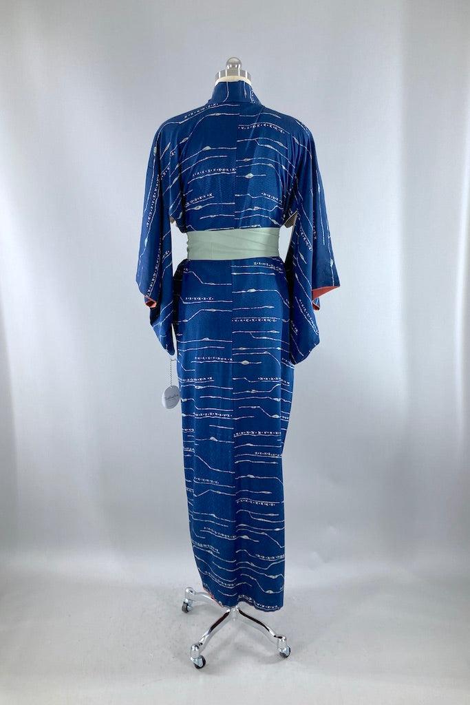 Vintage Navy Blue Watercolor Batik Kimono Robe-ThisBlueBird
