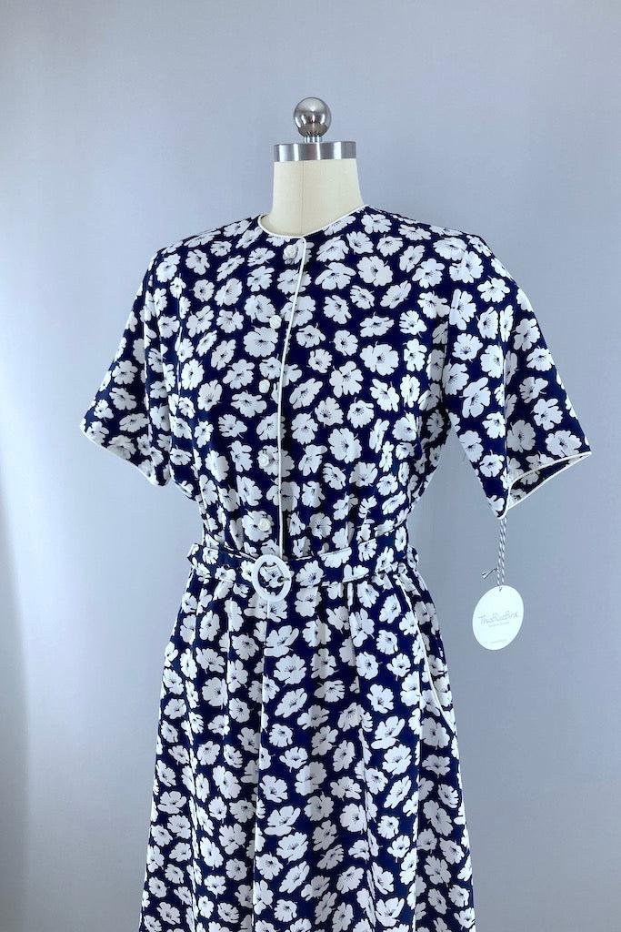 Vintage Navy Floral Print Day Dress-ThisBlueBird
