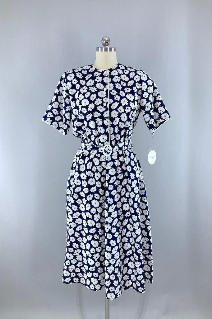 Vintage Navy Floral Print Day Dress-ThisBlueBird