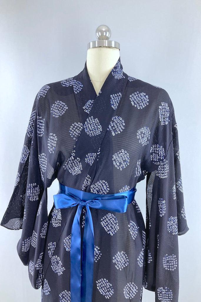 Vintage Navy Shibori Silk Kimono Robe-ThisBlueBird
