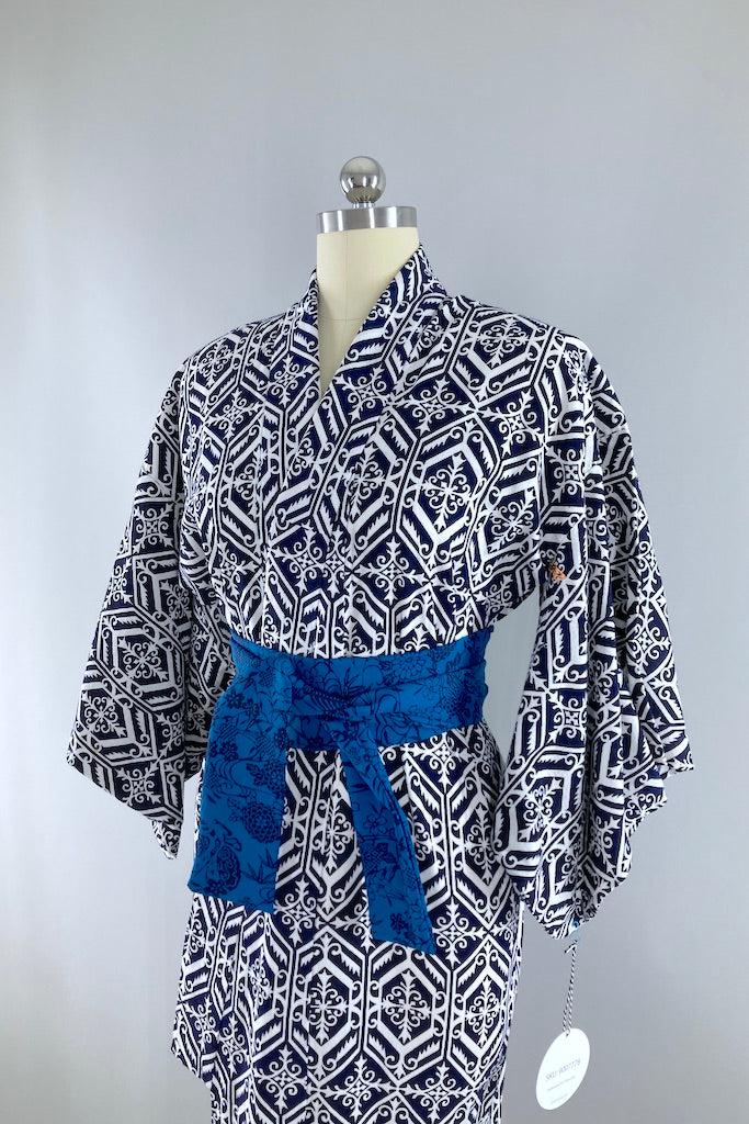 Vintage Navy & White Cotton Yukata Kimono-ThisBlueBird