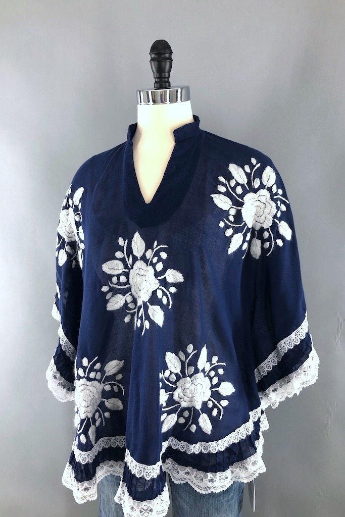 Vintage Navy &amp; White Embroidered Tunic-ThisBlueBird - Modern Vintage