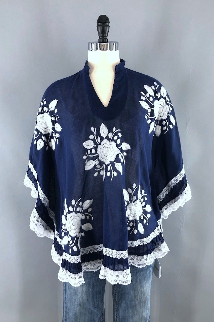 Vintage Navy &amp; White Embroidered Tunic-ThisBlueBird