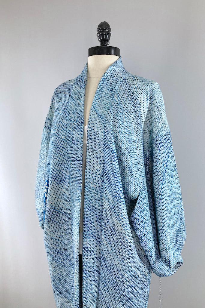 Vintage Ocean Blue Shibori Silk Kimono Cardigan-ThisBlueBird