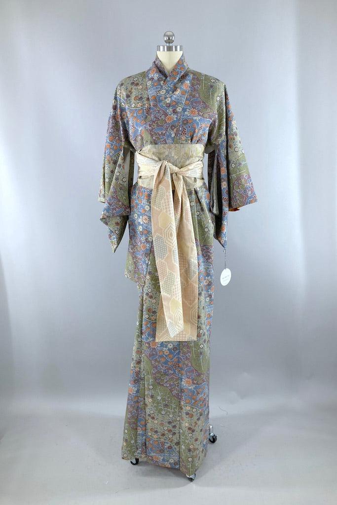 Vintage Olive Green & Blue Floral Kimono Robe-ThisBlueBird