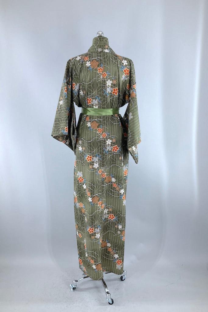 Vintage Olive Green Floral Print Kimono Robe – ThisBlueBird
