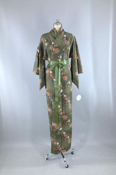 Vintage Olive Green Floral Print Kimono Robe-ThisBlueBird
