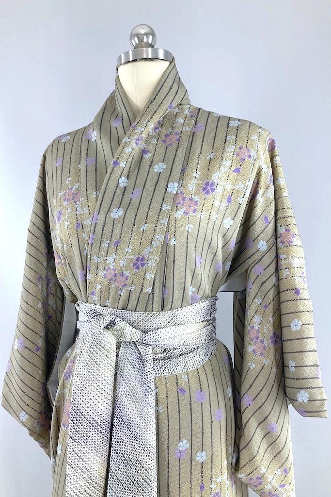 Vintage Olive Green Floral Stripe Kimono-ThisBlueBird