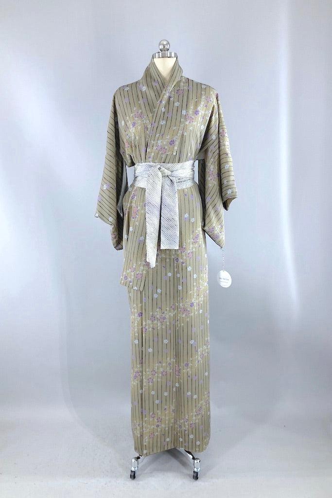 Vintage Olive Green Floral Stripe Kimono-ThisBlueBird