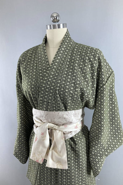 Vintage Olive Green Geometric Kimono Robe-ThisBlueBird