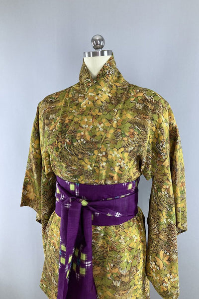 Vintage Olive Green & Gold Silk Kimono Robe-ThisBlueBird - Modern Vintage