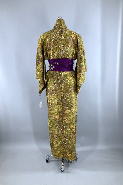 Vintage Olive Green & Gold Silk Kimono Robe-ThisBlueBird - Modern Vintage
