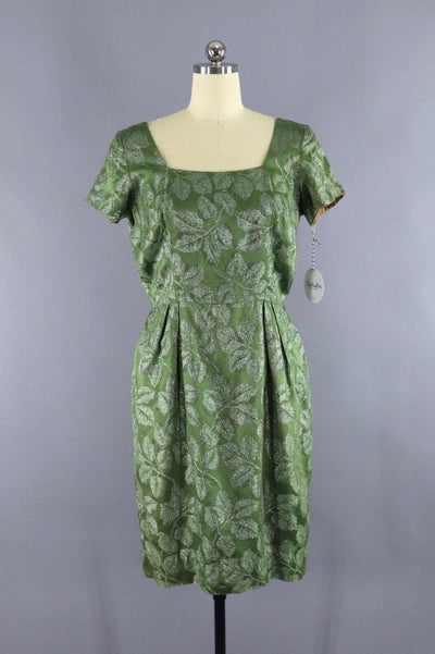 Vintage 1960s Olive Green Silver Leaf Satin Party Dress - ThisBlueBird