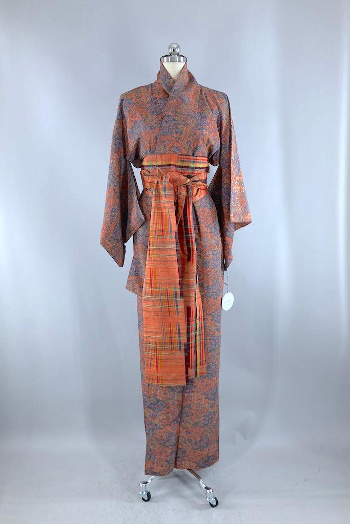 Vintage Orange & Blue Floral Print Kimono-ThisBlueBird