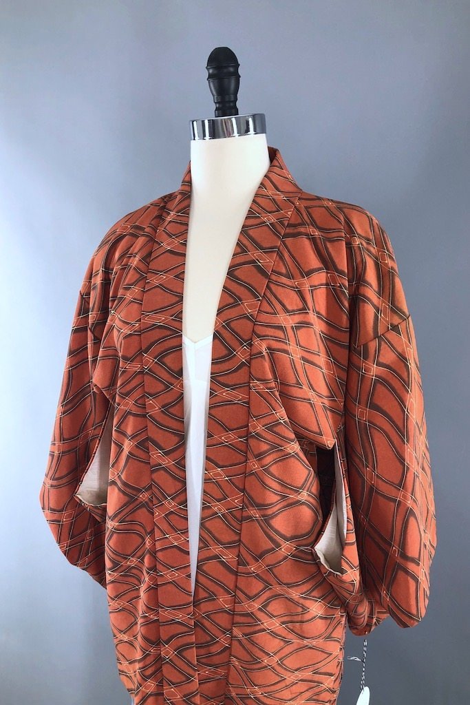 Vintage Orange Diamonds Silk Kimono Cardigan-ThisBlueBird - Modern Vintage