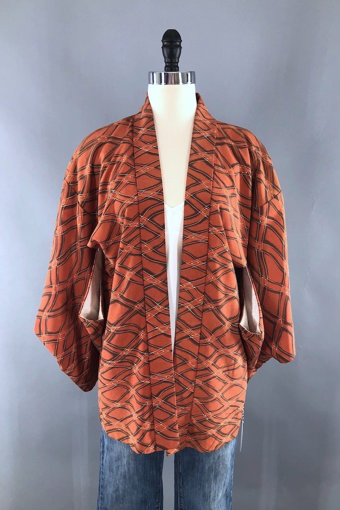 Vintage Orange Diamonds Silk Kimono Cardigan-ThisBlueBird - Modern Vintage