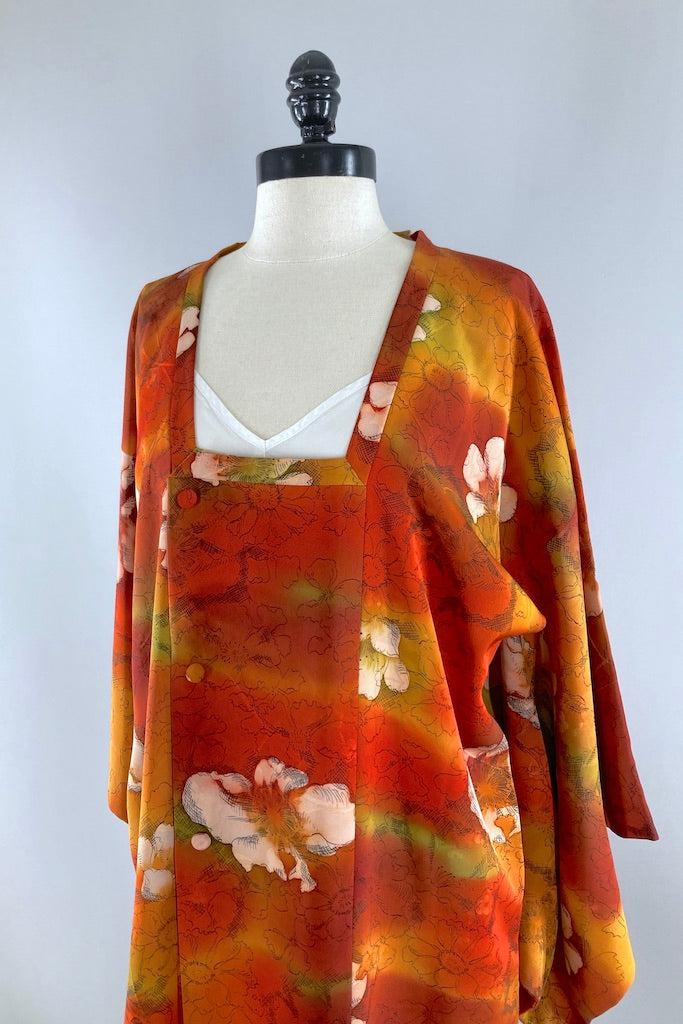 Vintage Orange Floral Silk Kimono Coat-ThisBlueBird