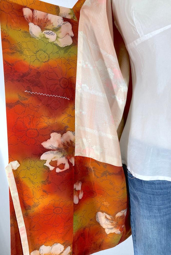Vintage Orange Floral Silk Kimono Coat-ThisBlueBird