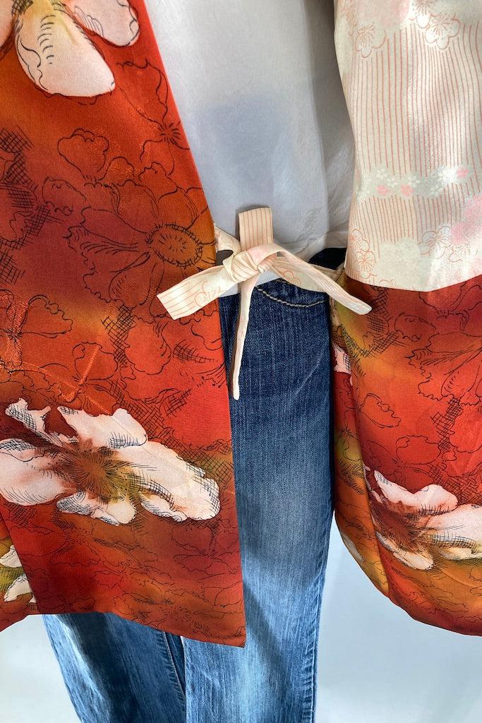 Vintage Orange Floral Silk Kimono Coat-ThisBlueBird