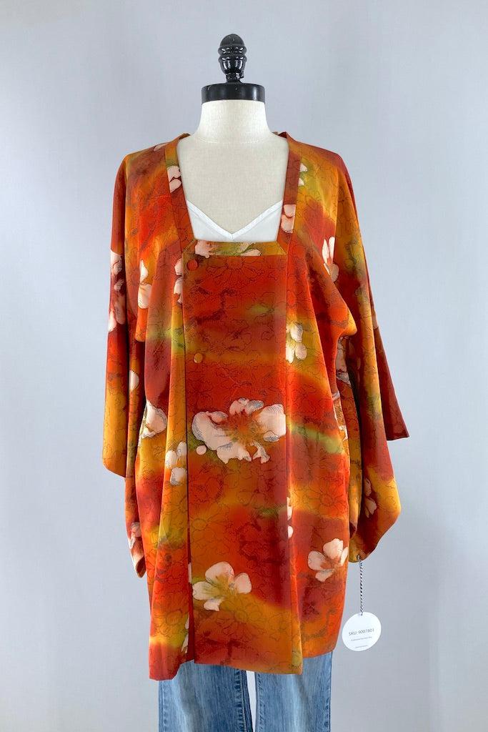 Vintage Orange Floral Silk Kimono Coat-ThisBlueBird