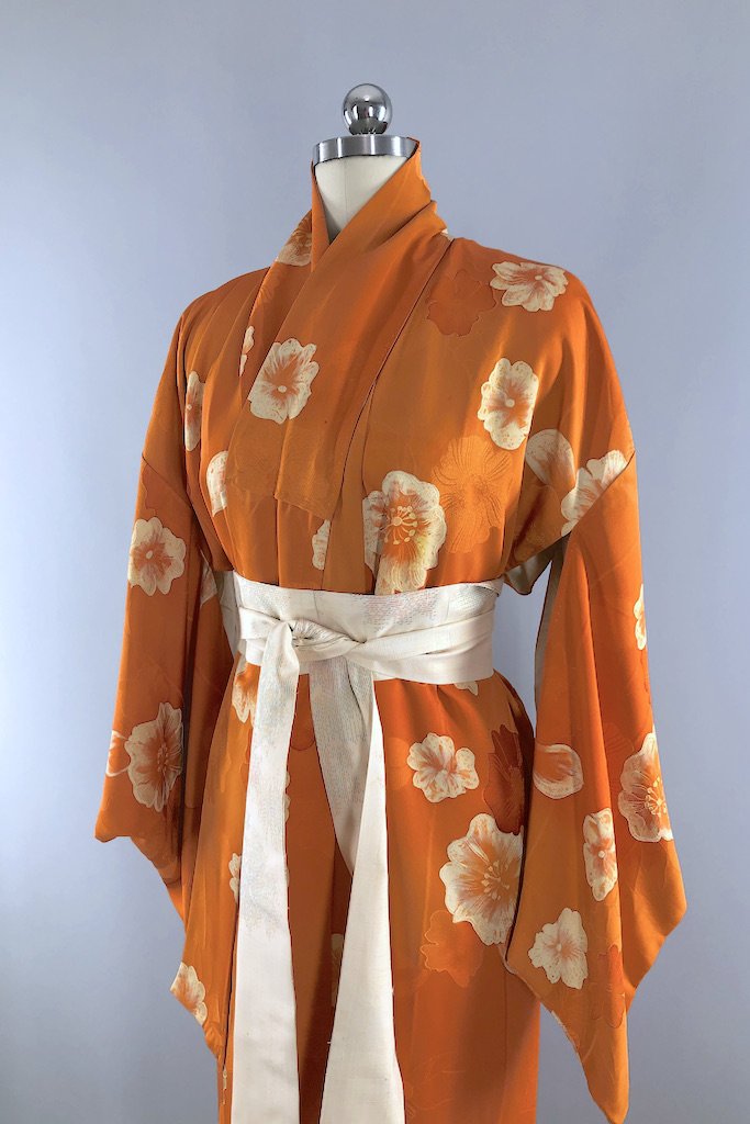 Vintage Orange Floral Silk Kimono Robe-ThisBlueBird - Modern Vintage
