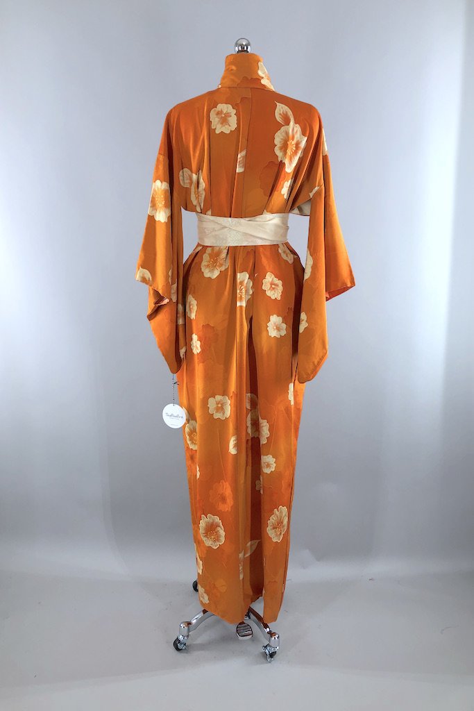 Vintage Orange Floral Silk Kimono Robe-ThisBlueBird - Modern Vintage