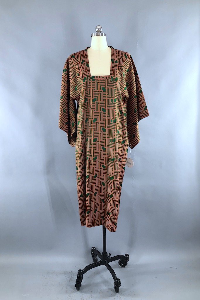 Vintage Orange Geometric Silk Kimono Jacket-ThisBlueBird - Modern Vintage