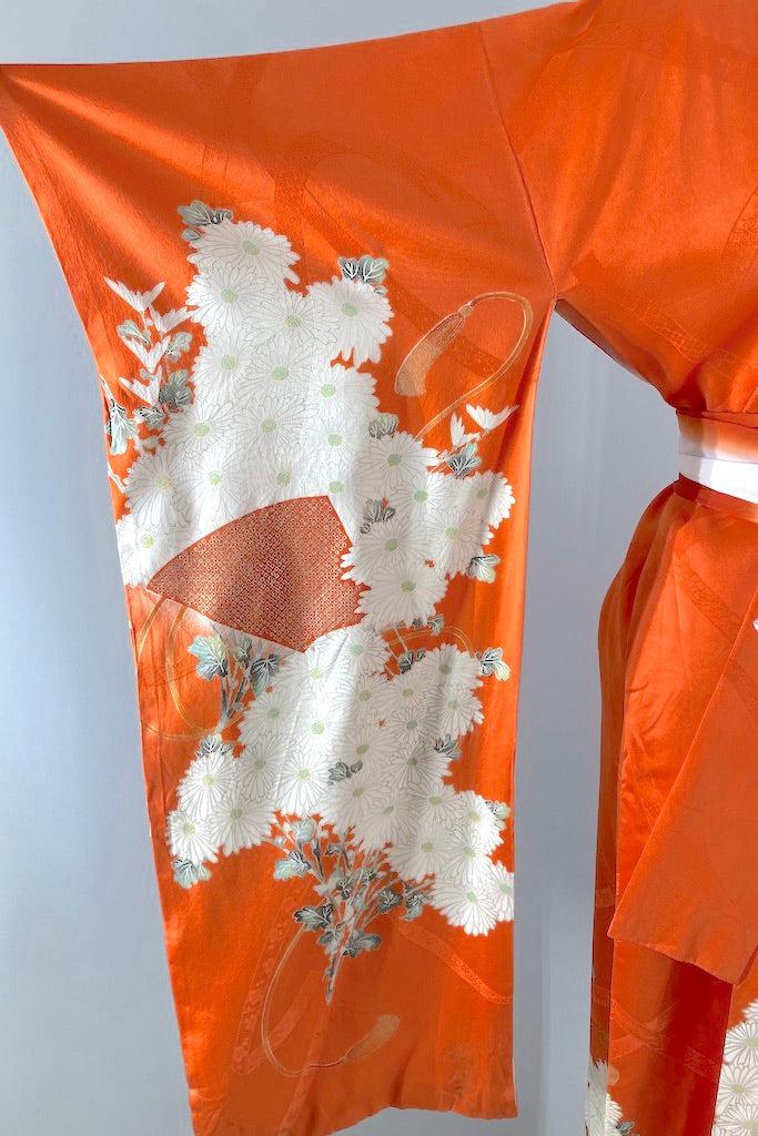 Vintage Orange & Gold Floral Silk Kimono Robe-ThisBlueBird