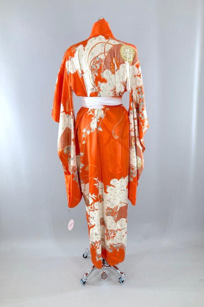 Vintage Orange & Gold Floral Silk Kimono Robe-ThisBlueBird