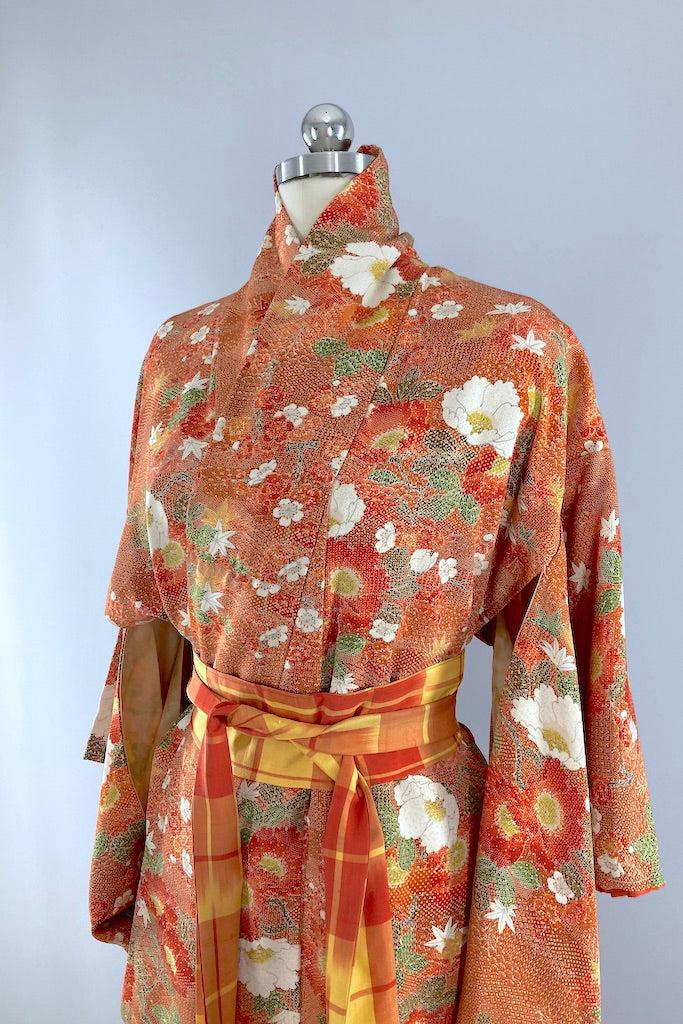Vintage Orange & Green Floral Silk Kimono Robe-ThisBlueBird