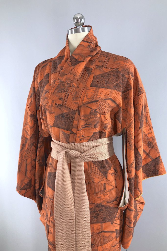 Vintage Orange & Grey Silk Kimono Robe-ThisBlueBird - Modern Vintage
