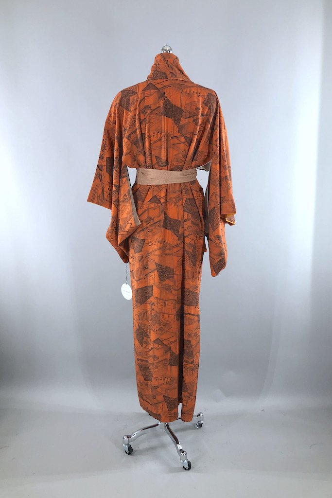 Vintage Orange & Grey Silk Kimono Robe-ThisBlueBird