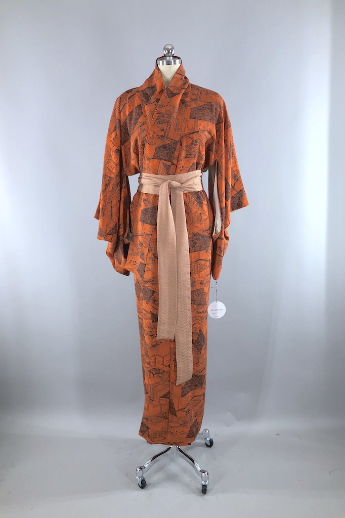 Vintage Orange & Grey Silk Kimono Robe-ThisBlueBird - Modern Vintage